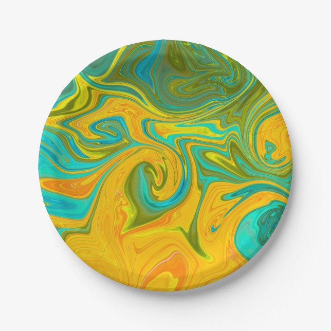 Trendy Neon Yellow Orange Green Abstrakt Swirl Pappteller (Vorderseite)