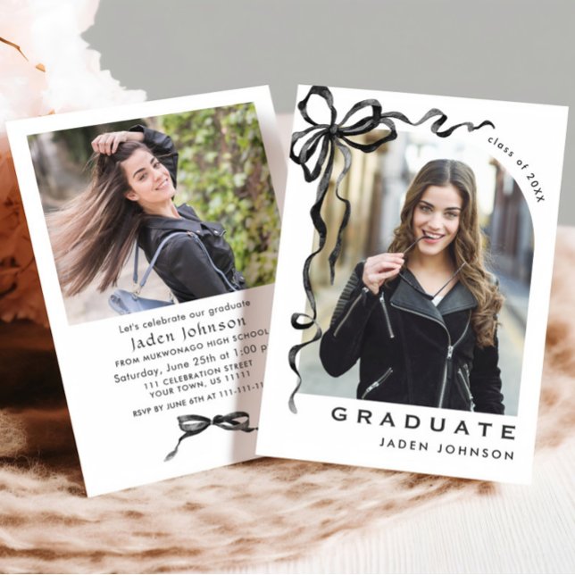 Trendy Neutral Bow Ribbon 2 FOTO Graduation Party Einladung (Von Creator hochgeladen)