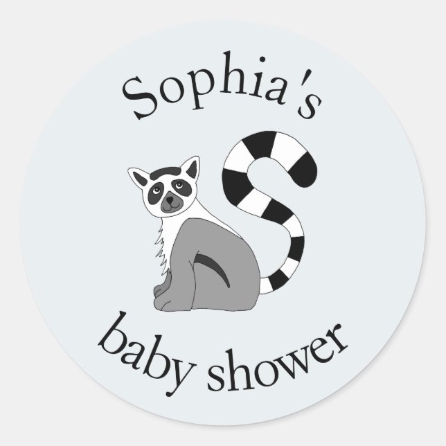 Trendy Neutral Jungle Lemur & Name Baby Dusche Runder Aufkleber (Vorderseite)