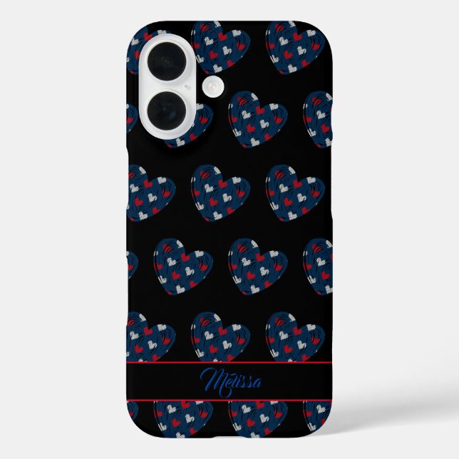 Trendy Niedlich Hearts Blue Red Customizable Name iPhone 16 Hülle (Rückseite)