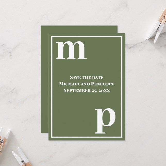 Trendy Niedlich Monogram Olive Green Save the Date Einladung (Vorderseite/Rückseite Beispiel)