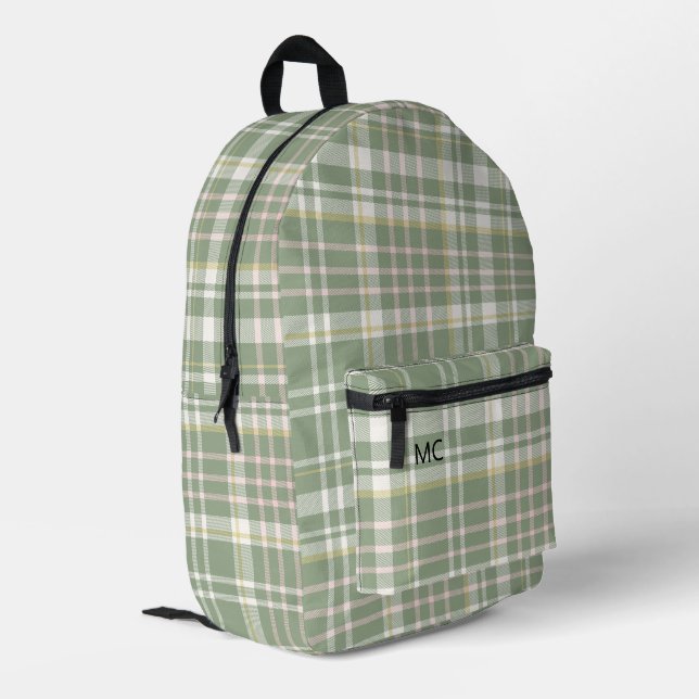 Trendy Niedlich Sage Green Kariert Monogram Initia Bedruckter Rucksack (Rückseitige Ecke links)