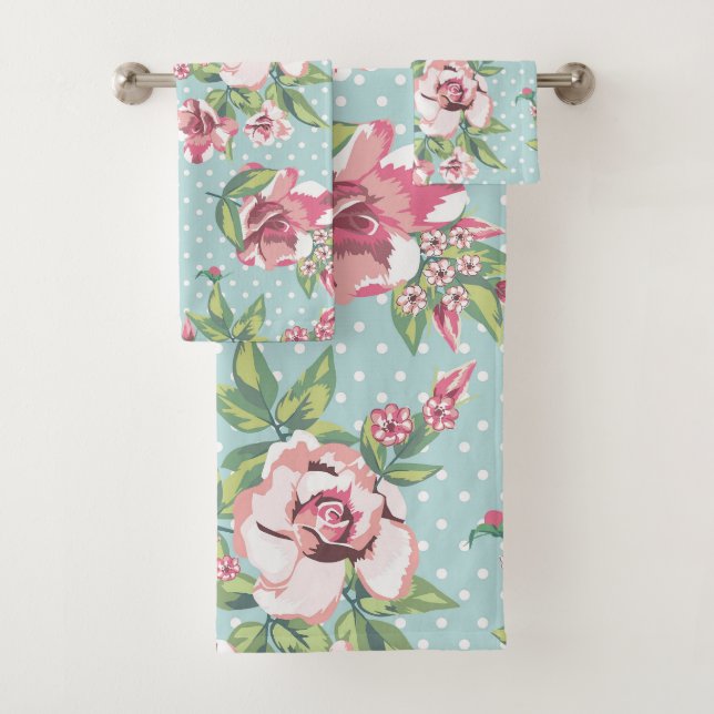 Trendy niedliche feminine Rose mit dotblauen Muste Badhandtuch Set (Insitu)
