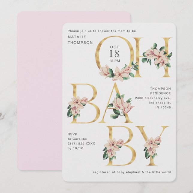 Trendy Oh Baby Magnolia Lila Blush Baby Dusche Einladung (Vorne/Hinten)