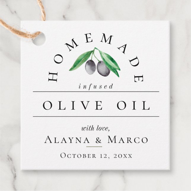Trendy Olive Oil Wedding Geschenkanhänger (Vorderseite)