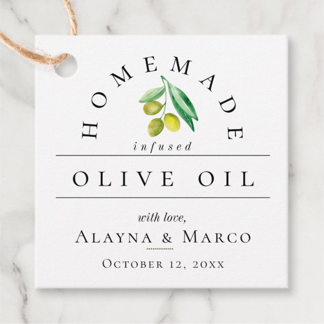 Trendy Olive Oil Wedding Geschenkanhänger (Vorderseite)
