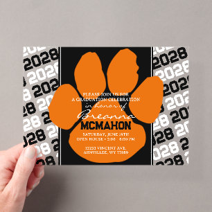 Trendy Orange & Black Abschluss Pawprint Clear Acryleinladungen