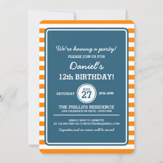 Trendy Orange/Navy Stripes Party Einladung