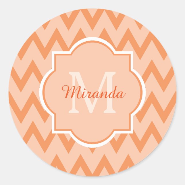 Trendy Orange Zickzack Zigzag Name und Monogram Runder Aufkleber (Vorderseite)