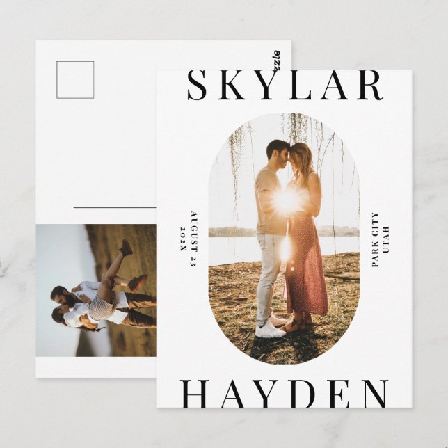 Trendy Oval Foto Modernes Save the Date Postkarte (Vorne/Hinten)