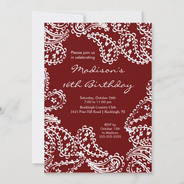 Trendy Paisley 16 . Geburtstag Einladung zum Gebur (Vorderseite)