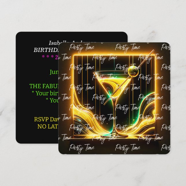 Trendy Party Time Neon Personalisiert Einladung (Vorne/Hinten)