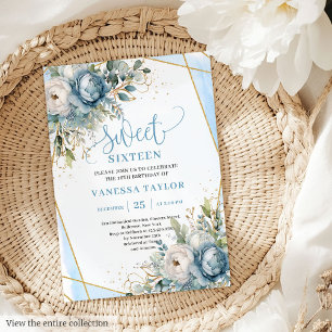 Trendy Pastel Blue White Floral 16 . Geburtstag Einladung