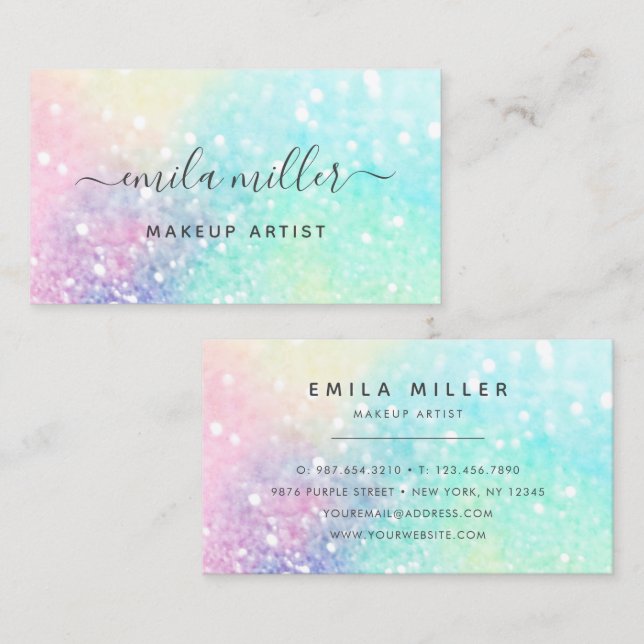 Trendy Pastel Glitzer Makeup Artist Friseur Salon Visitenkarte (Vorne/Hinten)