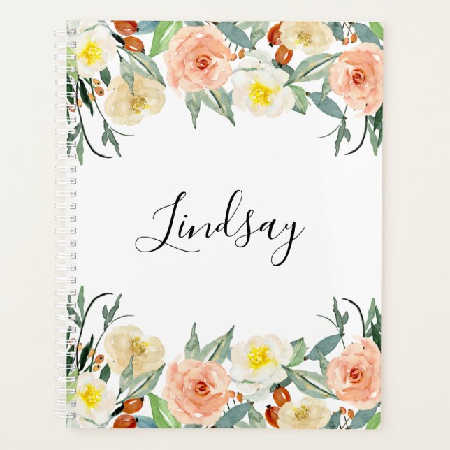Trendy Peach Floral Mit Monogramm Planer (Vorderseite)