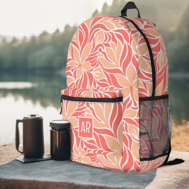 Trendy Peach Orange Modernes Muster Monogramm Bedruckter Rucksack (Trendy Peach Orange Modern Floral Pattern Monogram Printed Backpack)