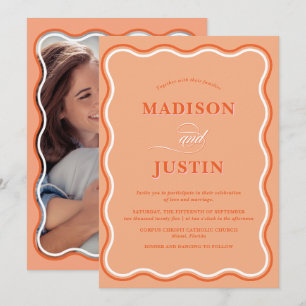 Trendy Peach Orange Squiggle Curves Foto Wedding Einladung