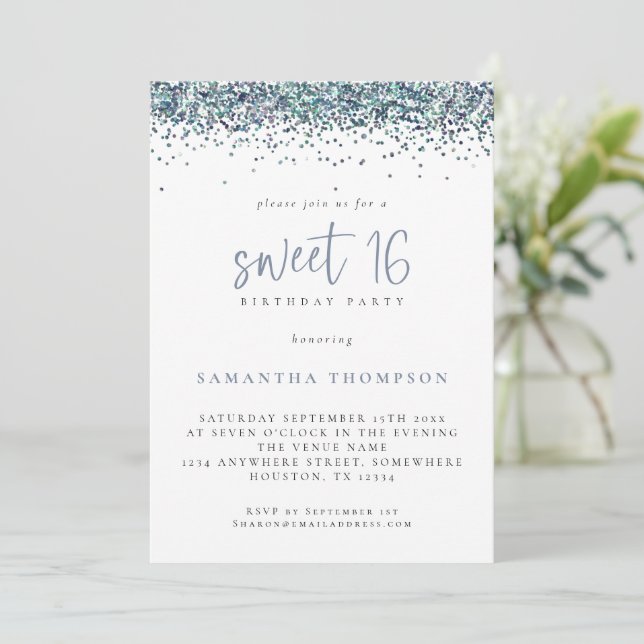 Trendy Peacock Blue Glitzer Sweet 16 Birthday Einladung (Stehend Vorderseite)