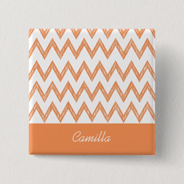 Trendy Pencil Orange Zickzack Zigzags mit Namen Button (Vorderseite)