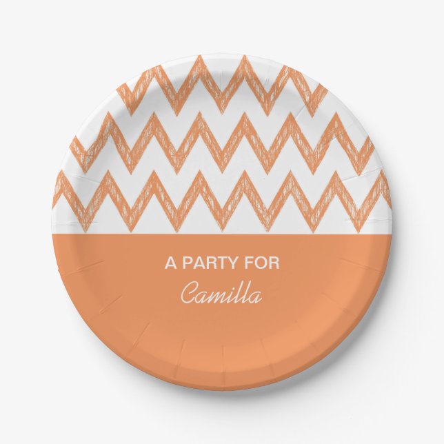 Trendy Pencil Orange Zickzack Zigzags mit Namen Pappteller (Vorderseite)