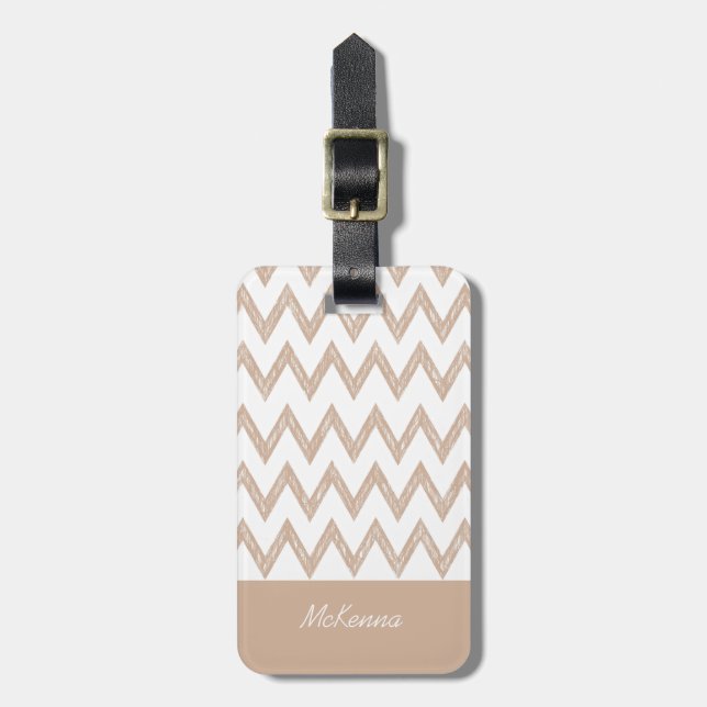Trendy Pencil Tan Zickzack Zigzags mit Namen Gepäckanhänger (Vorderseite vertikal)