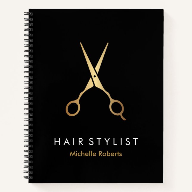 Trendy Personalisiert Modern Black Gold Haairstyli Notizbuch (Vorderseite)