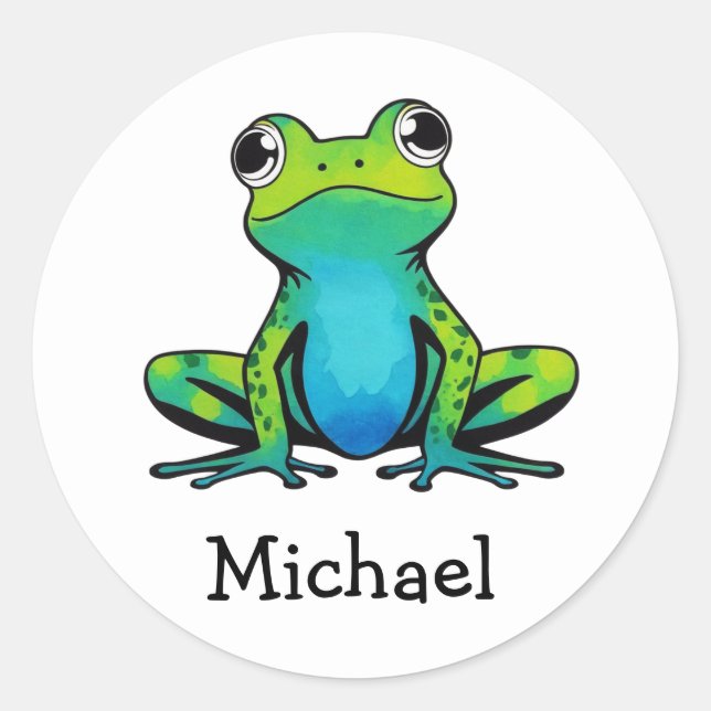 Trendy Personalisierter Niedlich Happy Green Frog Runder Aufkleber (Vorderseite)