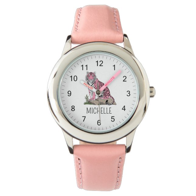 Trendy Personalized Name Cute Jungle Pink Tiger    Armbanduhr (Vorderseite)