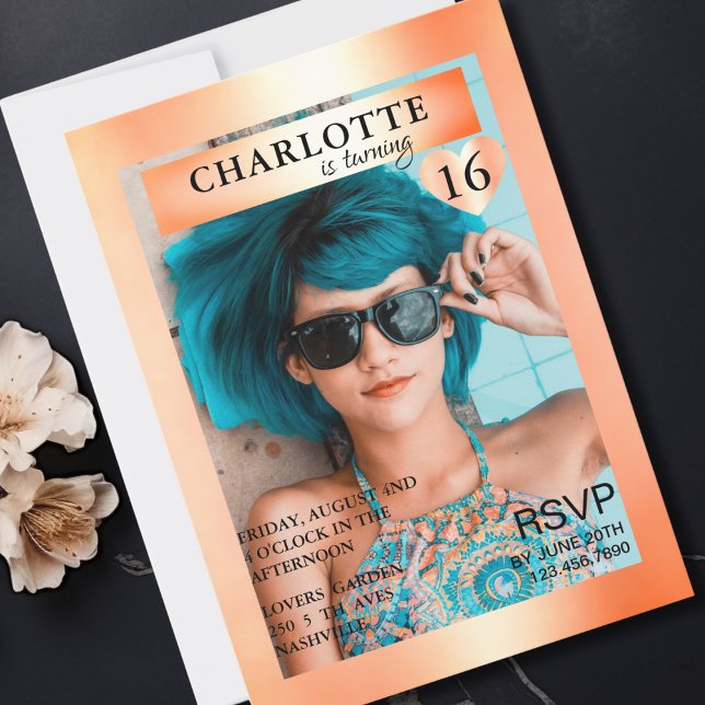 Trendy Pfirsich Magazine Cover-Photo Inspirierte   Einladung (Trendy Peach-Silver Magazine Cover-Photo Inspired Invitation)