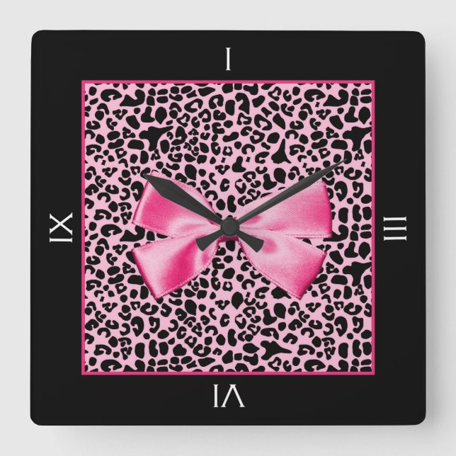 Trendy Pink And Black Leopard Hot Pink Ribbon Quadratische Wanduhr (Vorderseite)