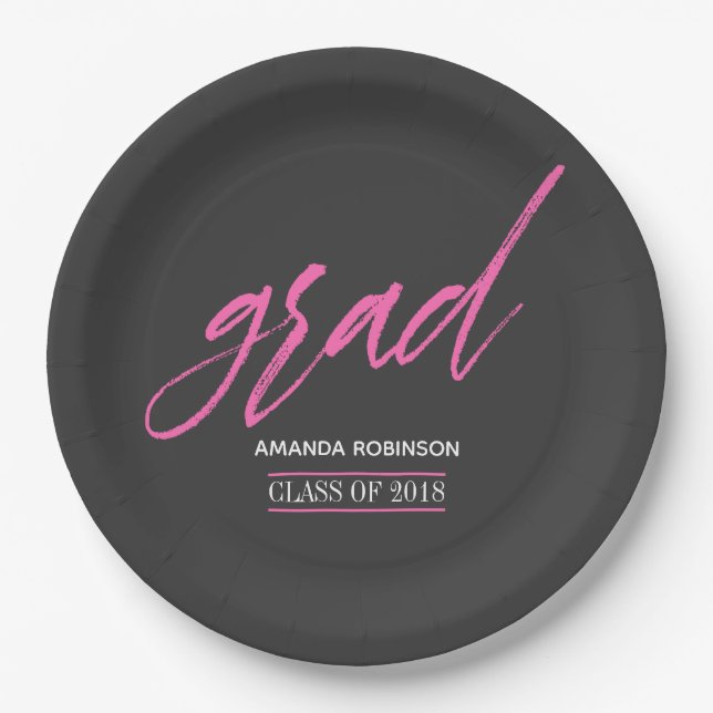 Trendy pink and gray Graduation Party Pappteller (Vorderseite)