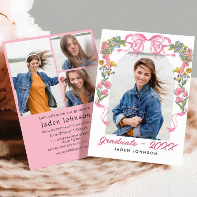 Trendy Pink Bow Coquette 4 FOTO Graduation Party Einladung (Von Creator hochgeladen)