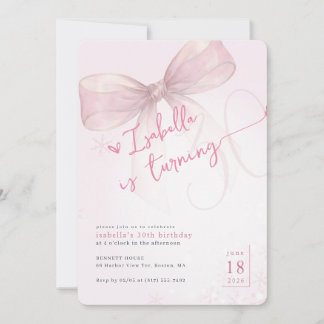 Trendy Pink Bow Elegant Winter 30th Birthday Einladung