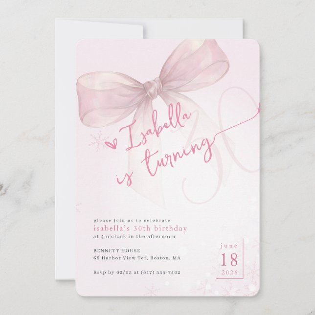Trendy Pink Bow Elegant Winter 30th Birthday Einladung (Vorderseite)