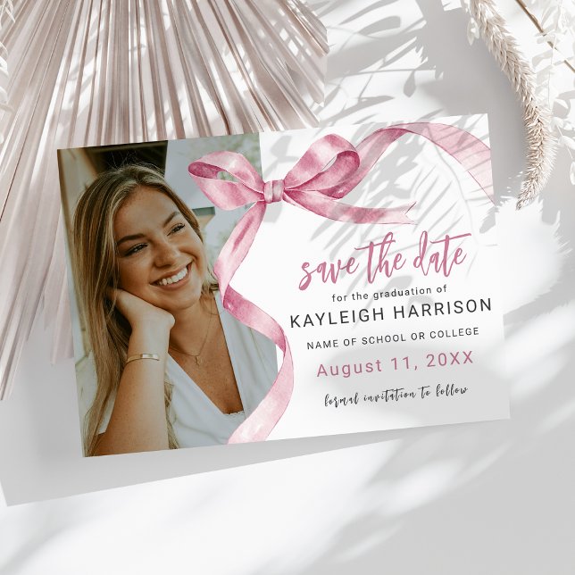 Trendy Pink Bow Photo Graduation Save The Date (Von Creator hochgeladen)