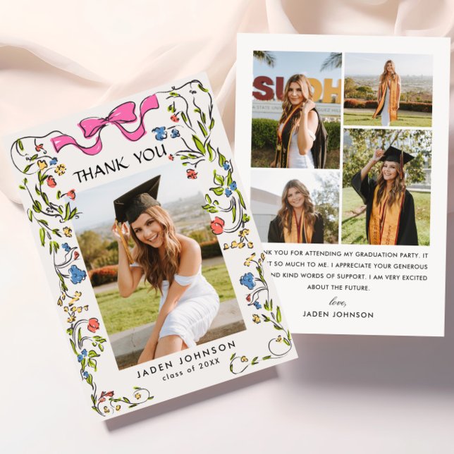 Trendy Pink Bow Ribbon 5 FOTO Graduation Party Dankeskarte (Von Creator hochgeladen)