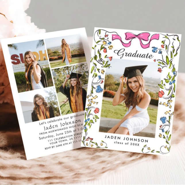 Trendy Pink Bow Ribbon 5 FOTO Graduation Party Einladung (Von Creator hochgeladen)