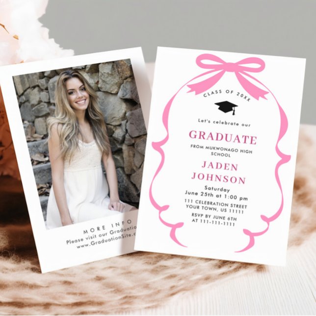 Trendy Pink Bow Ribbon FOTO Graduation Party Einladung (Von Creator hochgeladen)