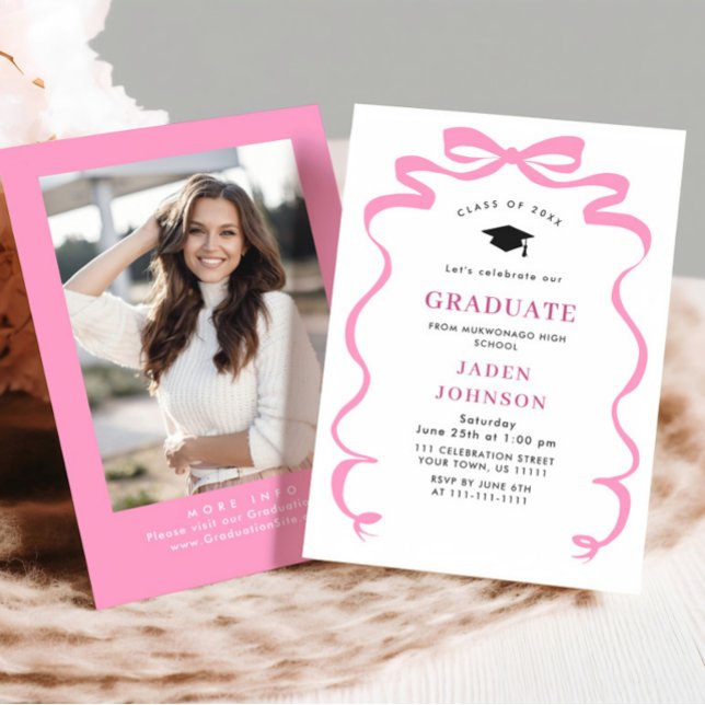 Trendy Pink Bow Ribbon FOTO Graduation Party Einladung (Von Creator hochgeladen)