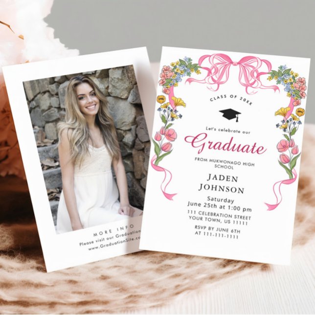 Trendy Pink Bow Ribbon FOTO Graduation Party Einladung (Von Creator hochgeladen)