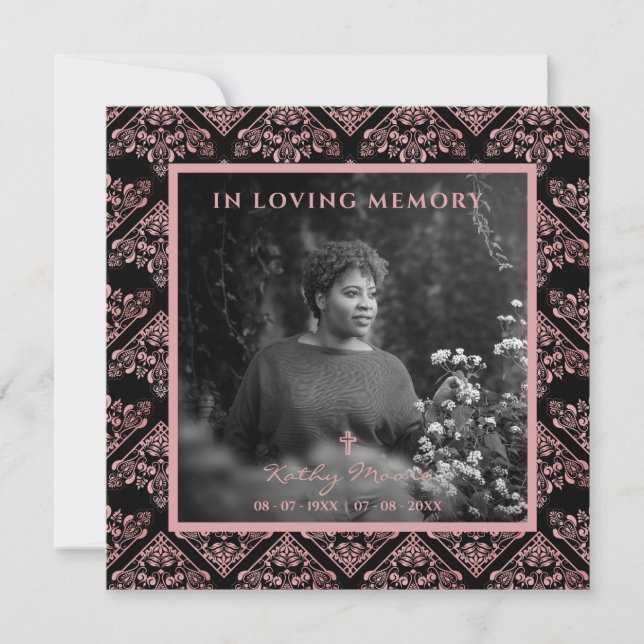 Trendy Pink Damask Custom Foto Beerdigung Loved On Mitteilungskarte (Vorderseite)