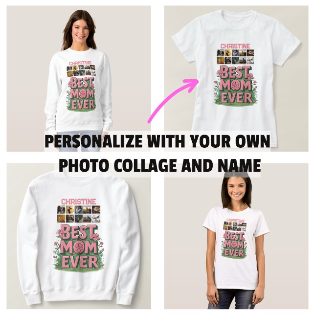 Trendy Pink Floral 10 Foto Collage und Name T-Shirt (Trendy Pink Floral 10 Photo Collage and Name T-Shirt and clothes)