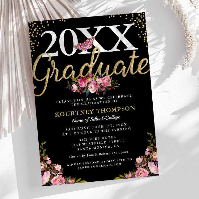 Trendy Pink Floral Gold Glitzer Graduation Party Einladung (Von Creator hochgeladen)