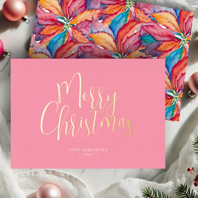 Trendy Pink Frohe Weihnachten Folien Feiertagskarte (Pink Christmas cards watercolor poinsettia art by Victoria Grigaliunas of Do Tell A Belle)