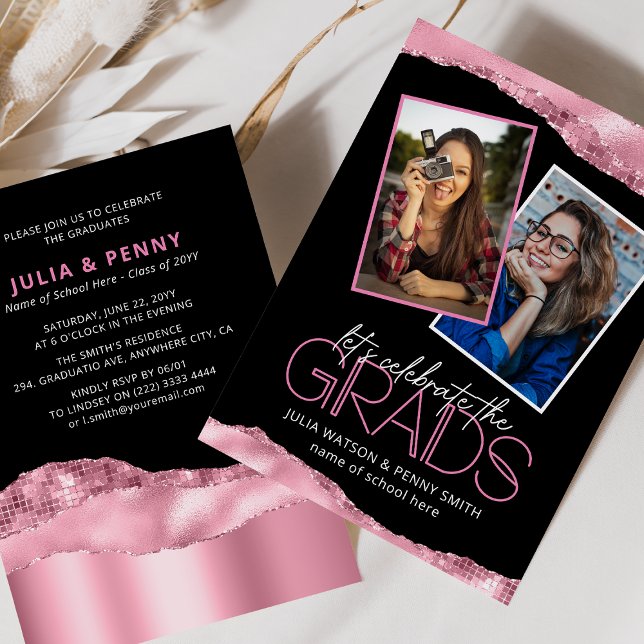 Trendy Pink Girly Joint Graduation Party Foto Einladung (Von Creator hochgeladen)