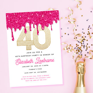 Trendy Pink Glitzer Tropfen 40. Geburtstag Einladu Einladung