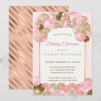 Trendy Pink Gold Balloons Geburtstag Einladung