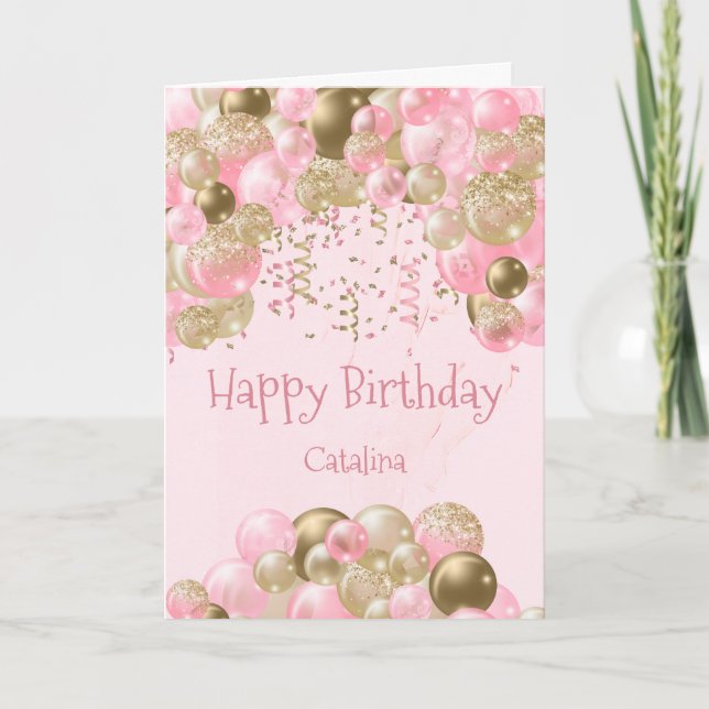 Trendy Pink Gold Balloons Geburtstag Karte (Vorderseite)
