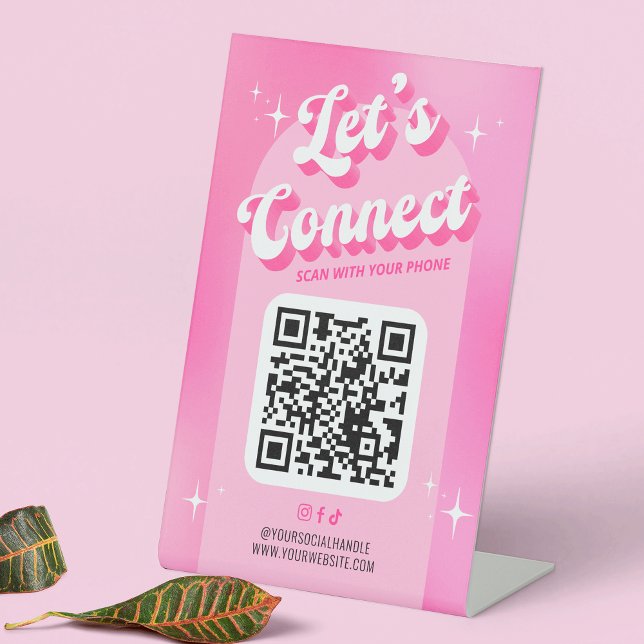 Trendy Pink Groovy verbindet Scannable QR Code Sockelschild (Let's Connect trendy QR code sign design with retro fonts, groovy style and girly pink aesthetic)