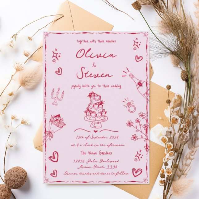 Trendy Pink Hand Drawn Quirky Scribble Wedding Einladung (Von Creator hochgeladen)